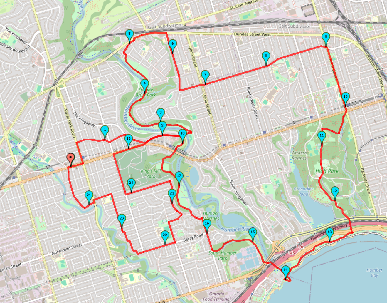 Humber Valley Trails via High Park 24 km route map